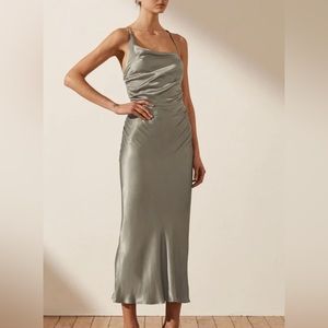 LA LUNE ASYMMETRICAL BIAS COWL MIDI DRESS - SAGE